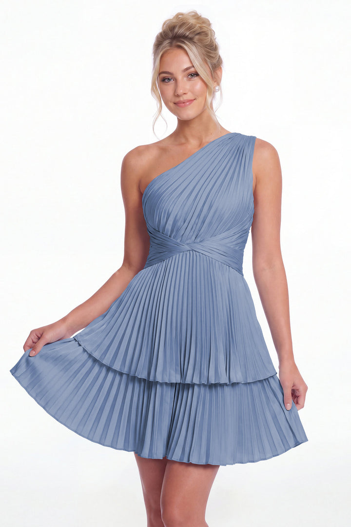 Steel Blue One Shoulder Pleated Tiered Satin Mini Dress - Front View