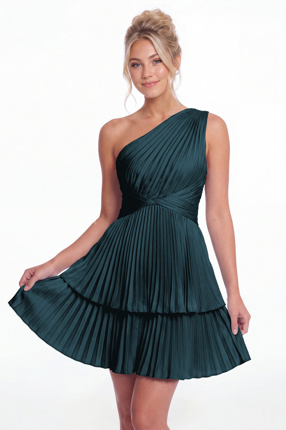 Teal One Shoulder Pleated Tiered Satin Mini Dress - Front View
