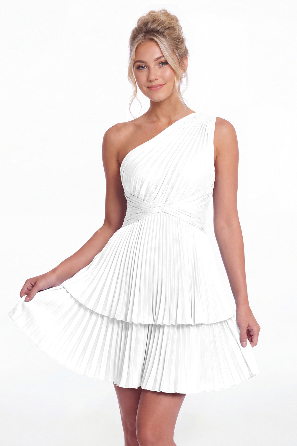 White One Shoulder Pleated Tiered Satin Mini Dress - Front View