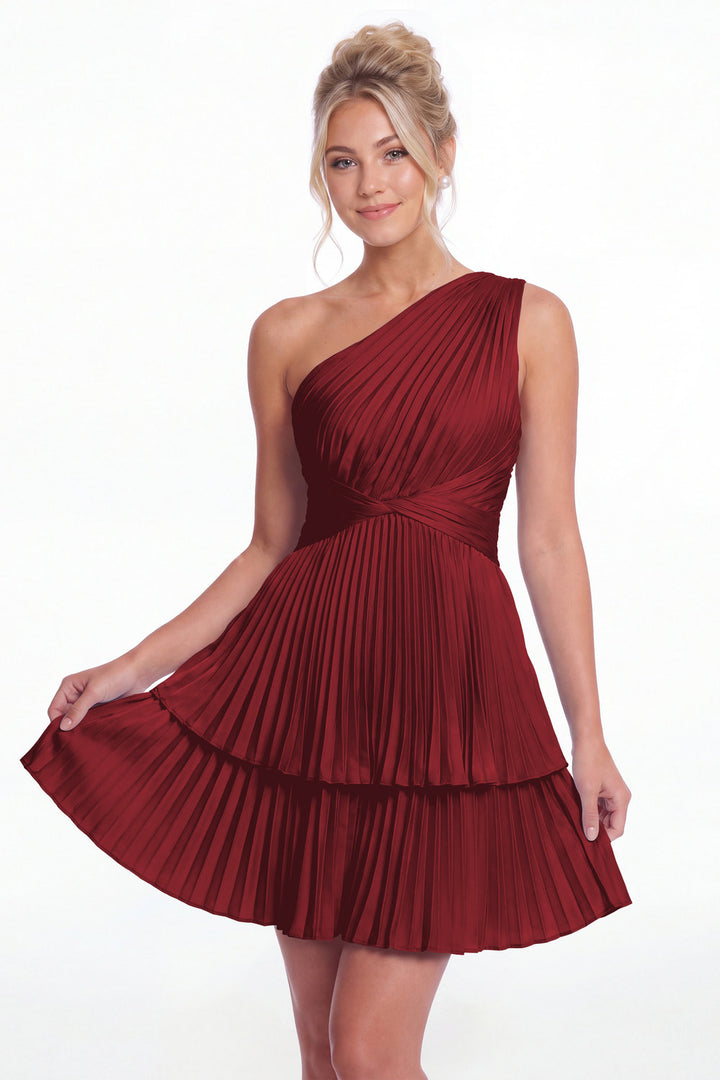 Wine Red One Shoulder Pleated Tiered Satin Mini Dress - Front View