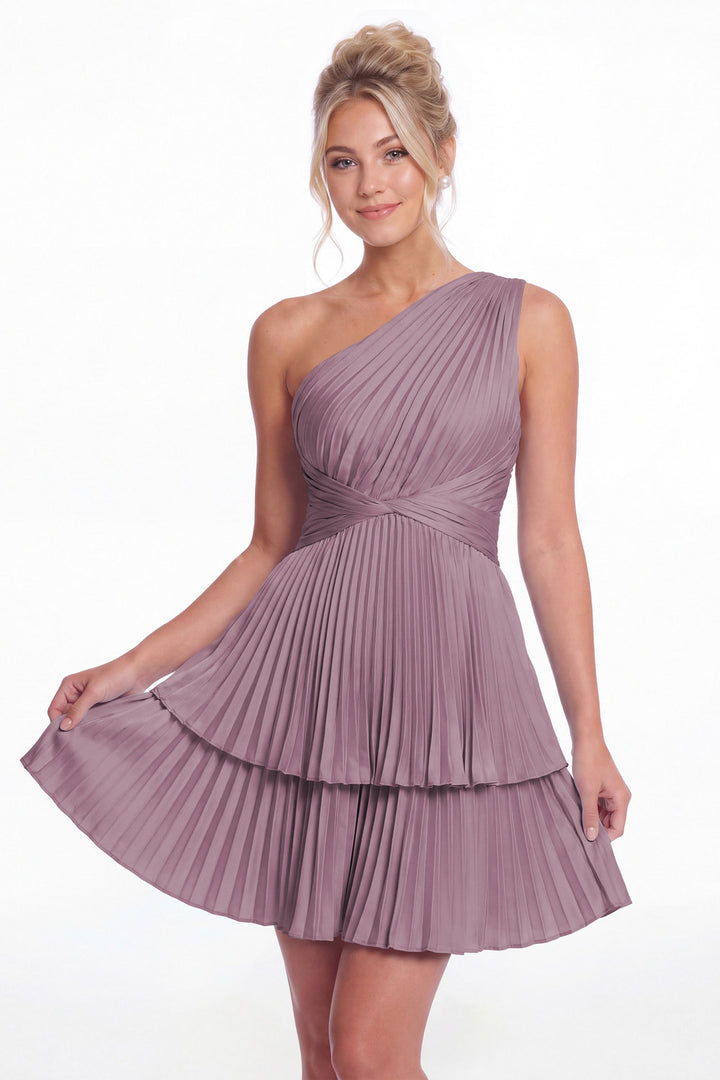 Wisteria One Shoulder Pleated Tiered Satin Mini Dress - Front View