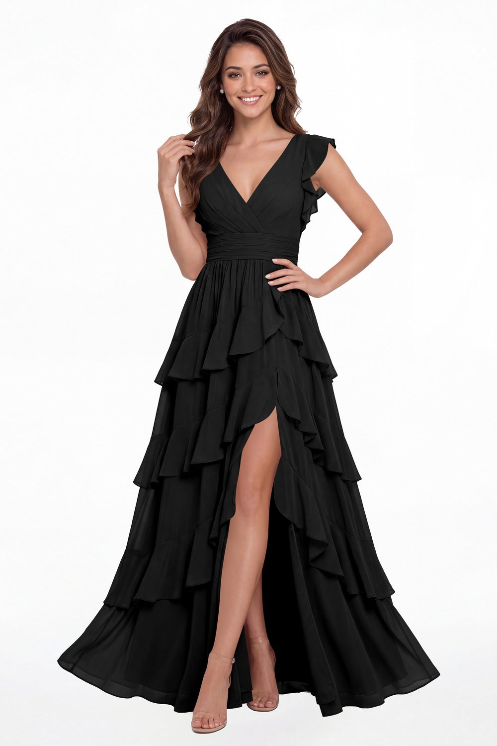 Black V-Neck Flutter Sleeve Tiered Ruffle Chiffon Slit Maxi Gown - Front View