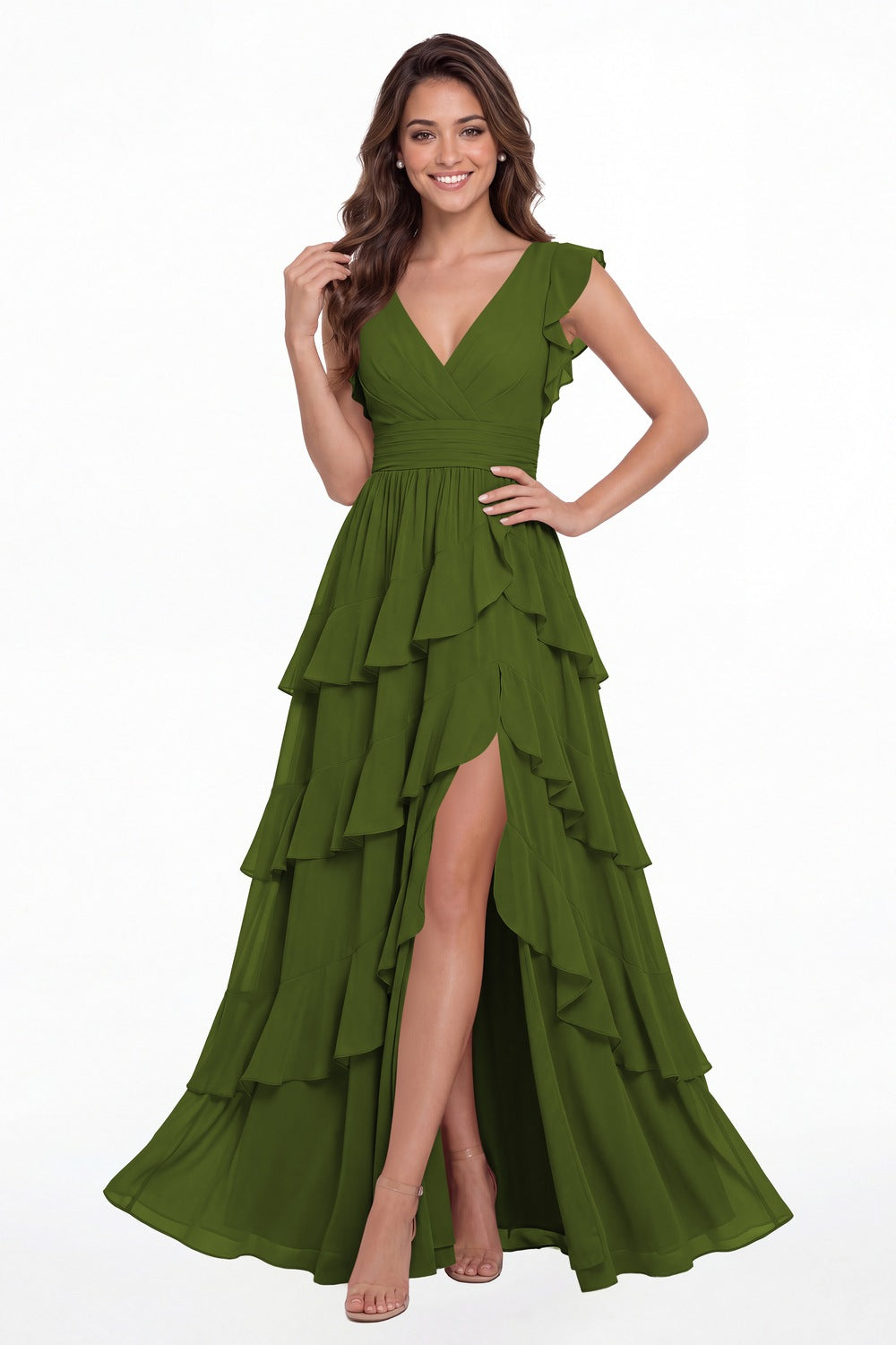 Olive Green V-Neck Flutter Sleeve Tiered Ruffle Chiffon Slit Maxi Gown - Front View