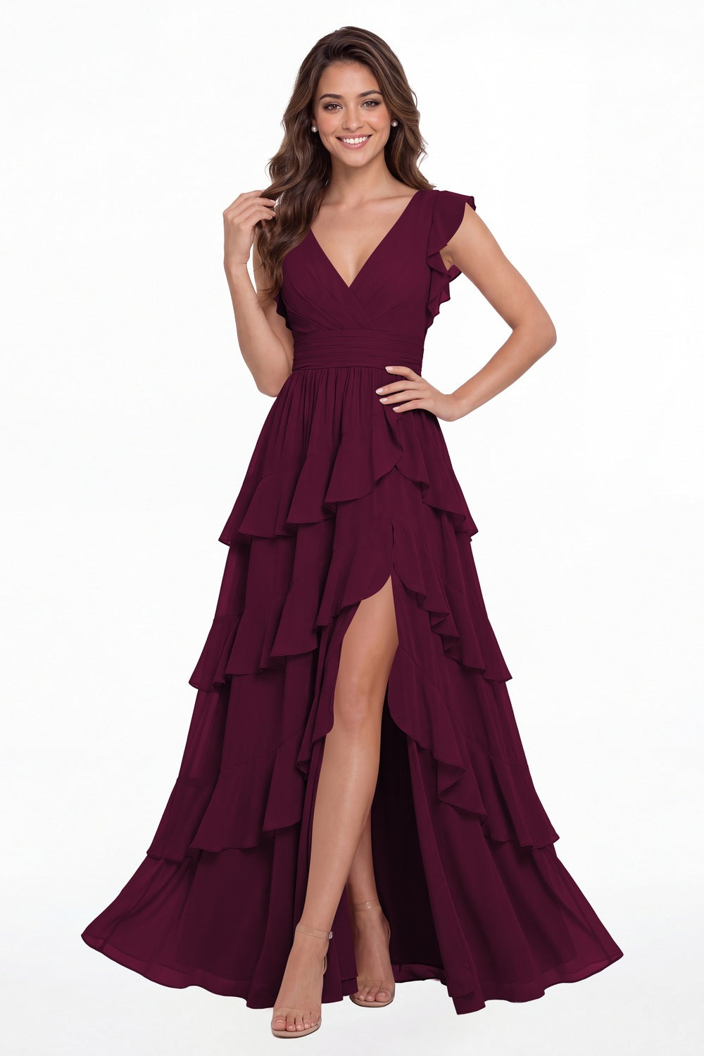 Plum V-Neck Flutter Sleeve Tiered Ruffle Chiffon Slit Maxi Gown - Front View