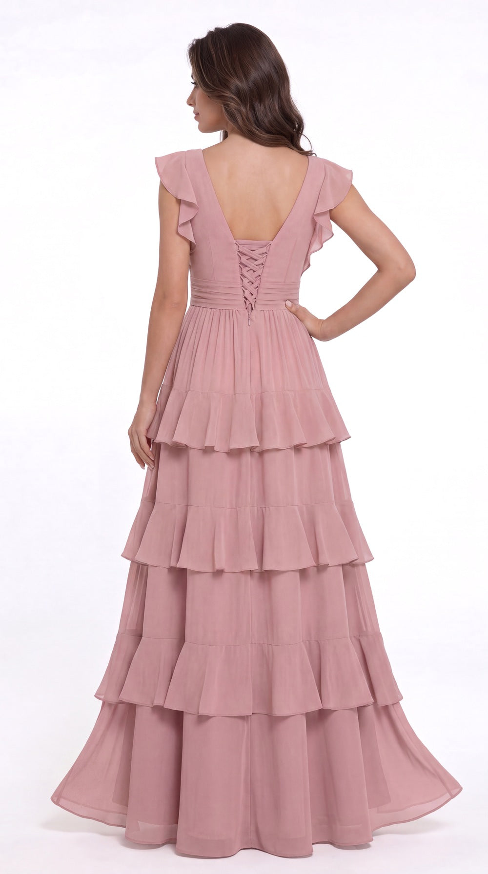 V-Neck Flutter Sleeve Tiered Ruffle Chiffon Slit Maxi Gown - Back View