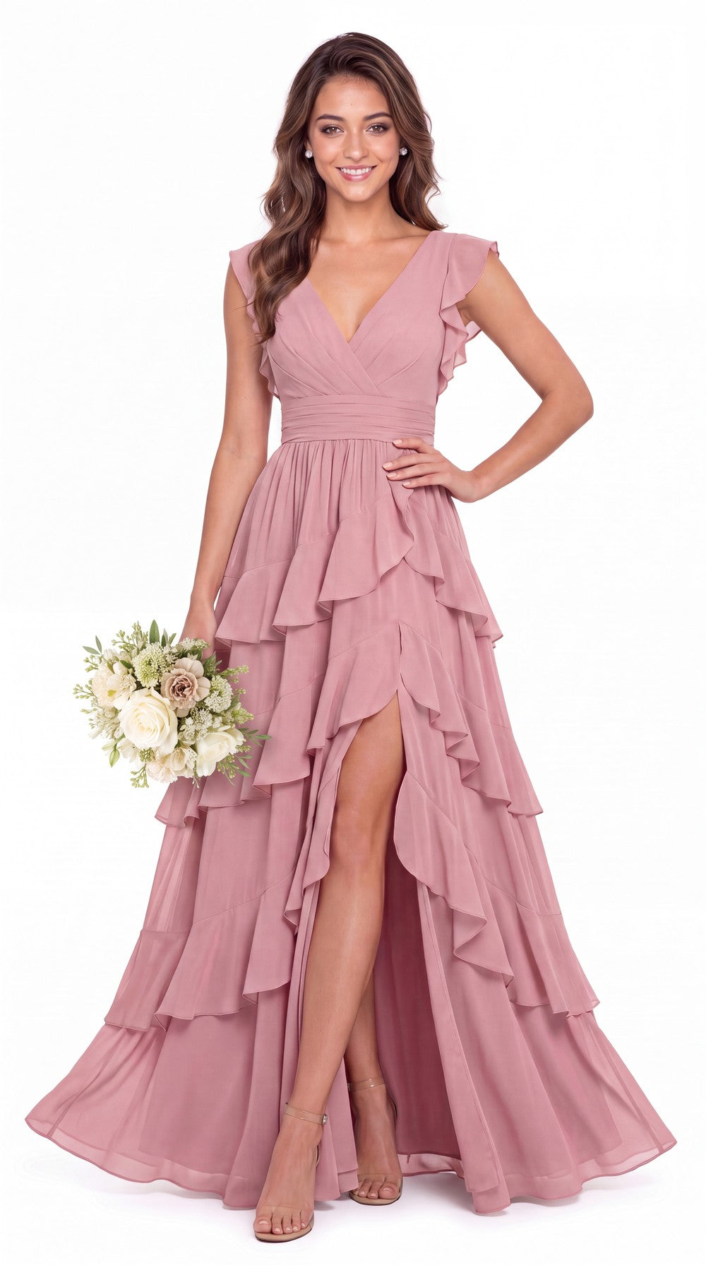 V-Neck Flutter Sleeve Tiered Ruffle Chiffon Slit Maxi Gown - Detail View 1