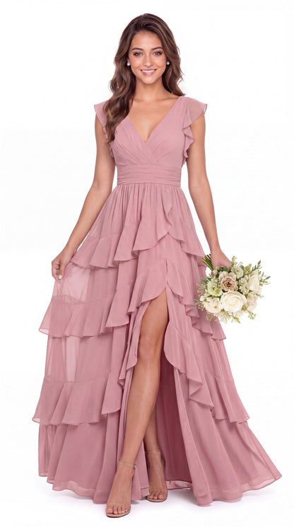 V-Neck Flutter Sleeve Tiered Ruffle Chiffon Slit Maxi Gown - Detail View 2