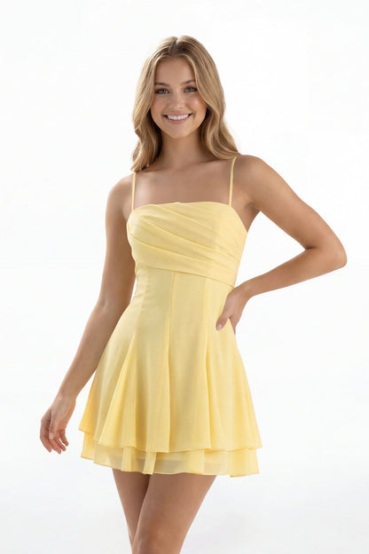 Butter Yellow Spaghetti Strap Chiffon Mini Dress - Front View