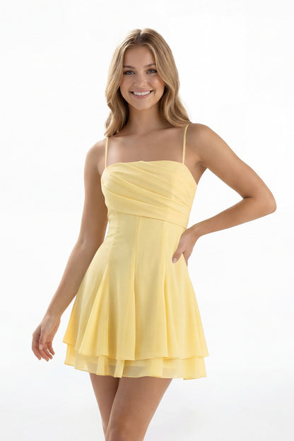 Butter Yellow Square Neck Chiffon Mini Homecoming Dress - Front View