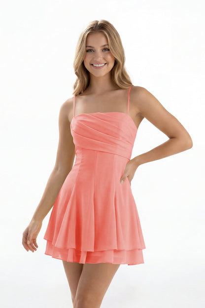 Coral Spaghetti Strap Chiffon Mini Dress - Front View