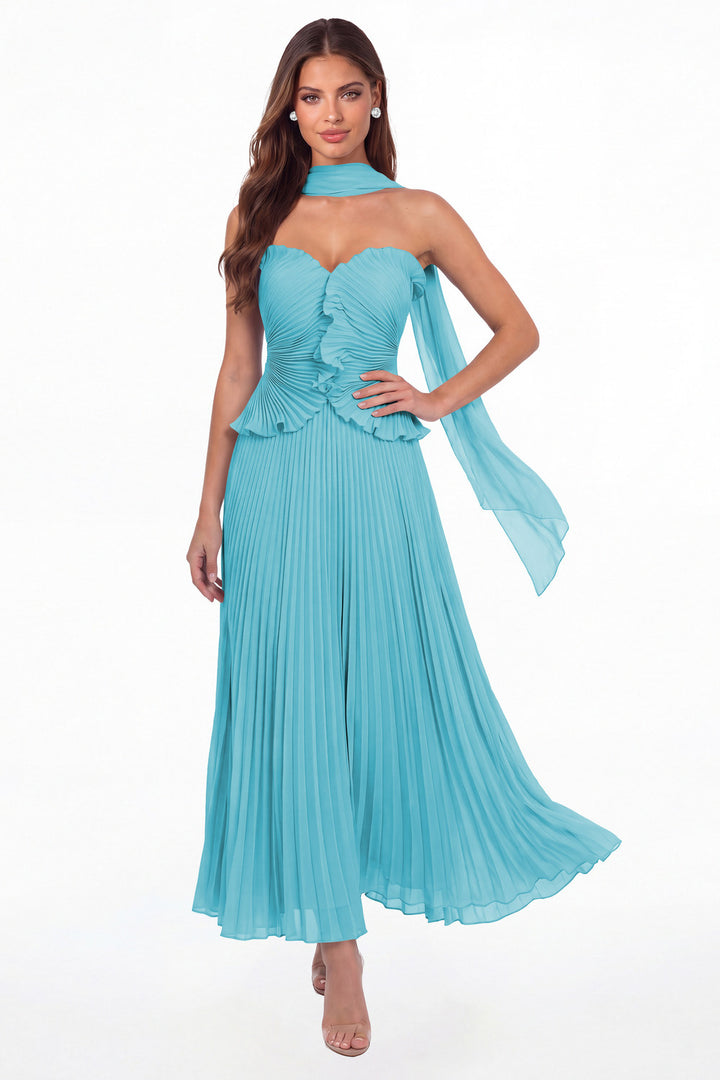 Aqua Blue Strapless Pleated Chiffon Ruffle Maxi Gown - Front View