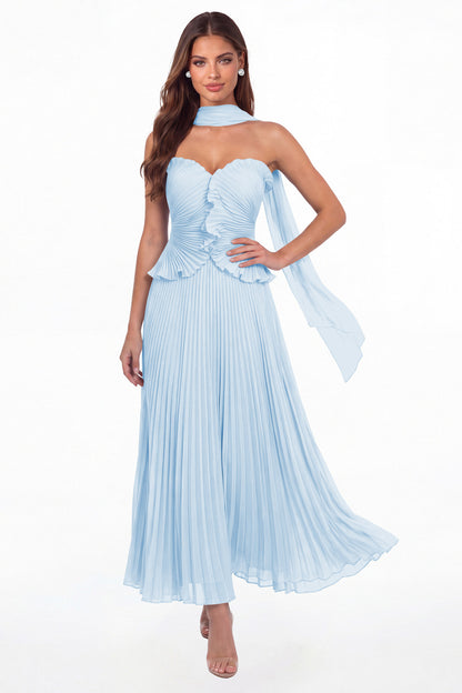Baby Blue Strapless Pleated Chiffon Ruffle Maxi Gown - Front View