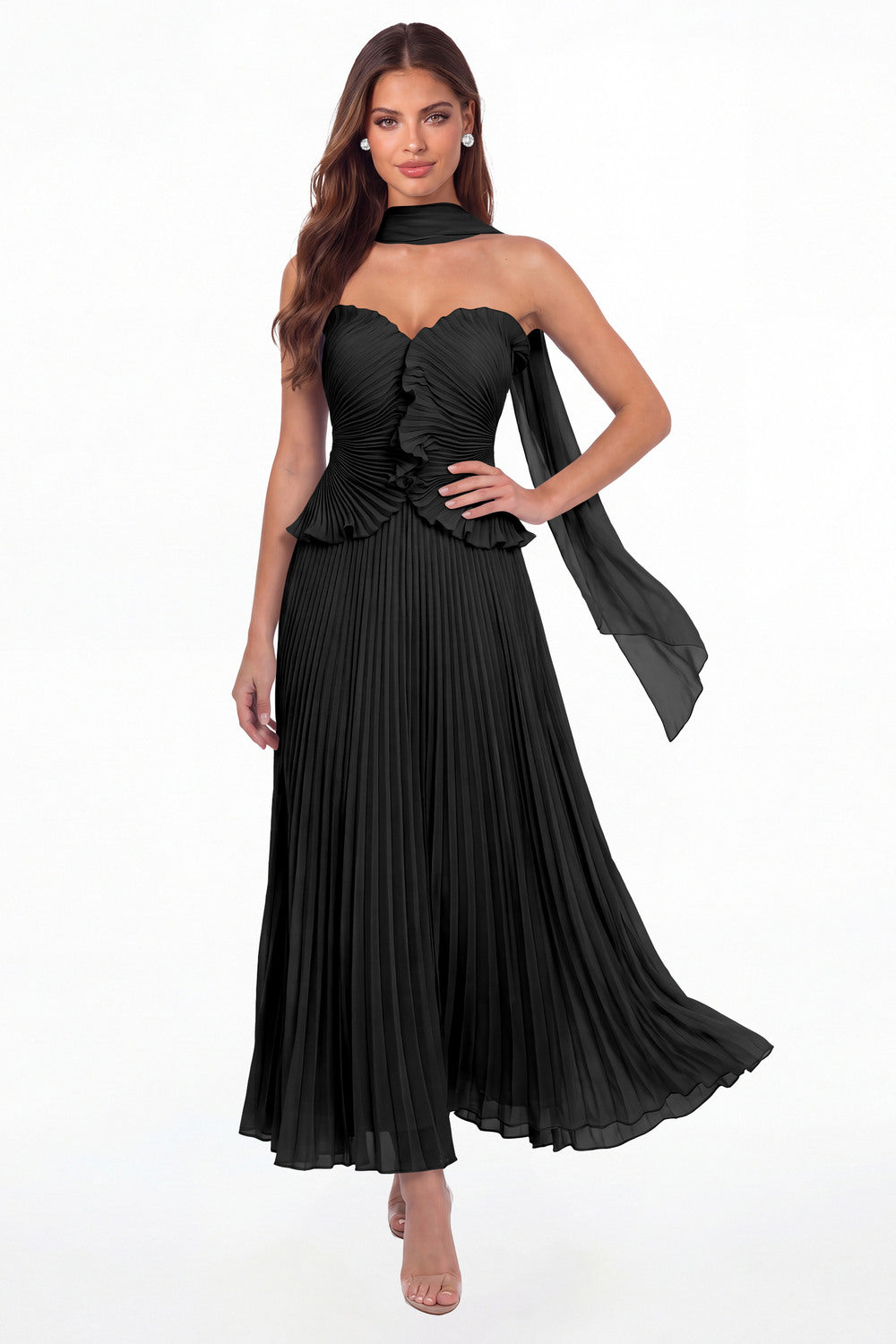 Black Strapless Pleated Chiffon Ruffle Maxi Gown - Front View