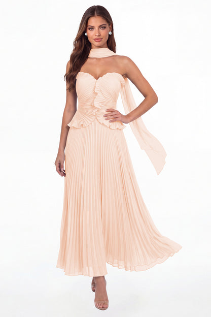 Blush Pink Strapless Pleated Chiffon Ruffle Maxi Gown - Front View