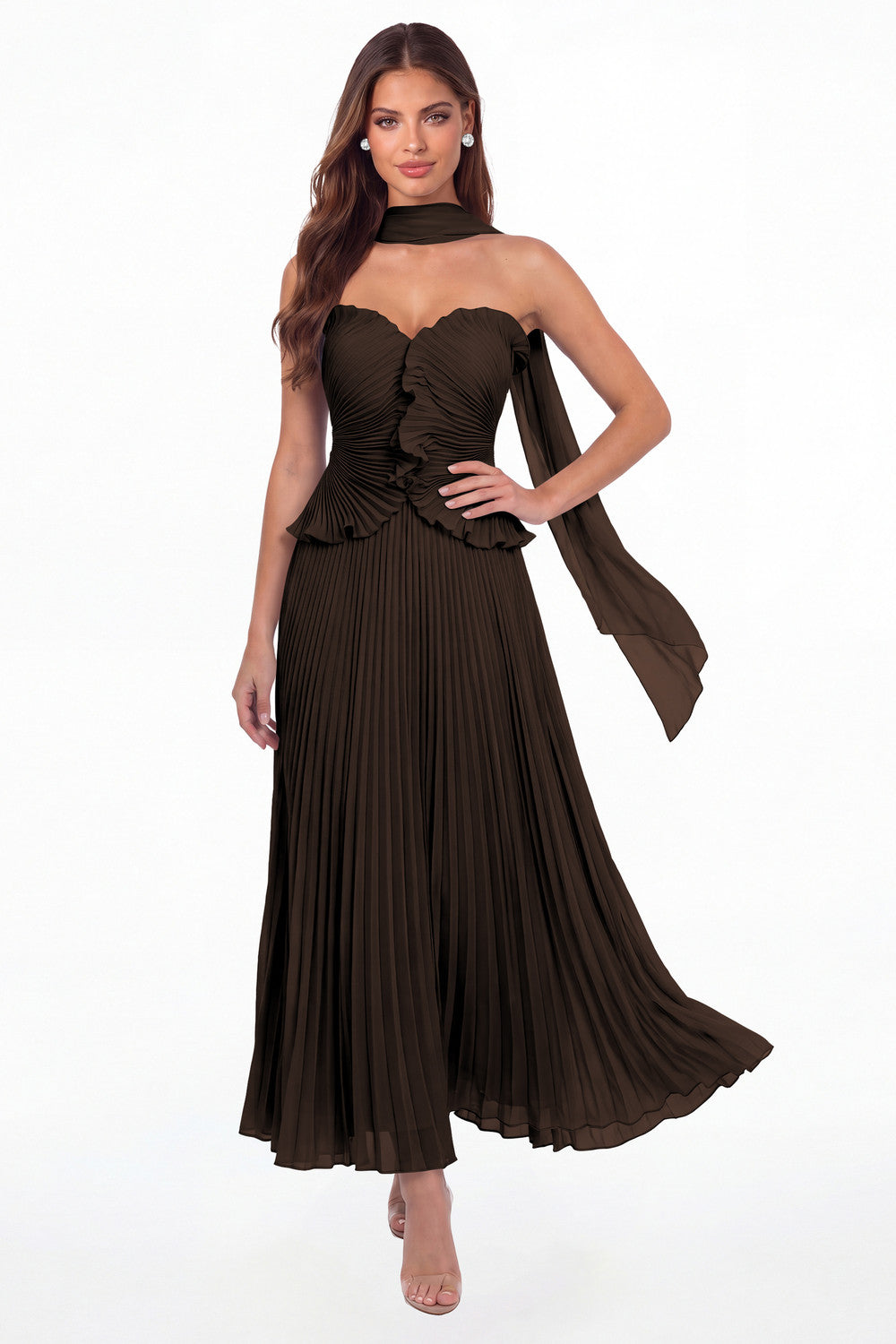 Brown Strapless Pleated Chiffon Ruffle Maxi Gown - Front View