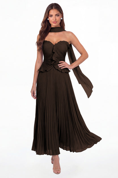 Brown Strapless Pleated Chiffon Ruffle Maxi Gown - Front View