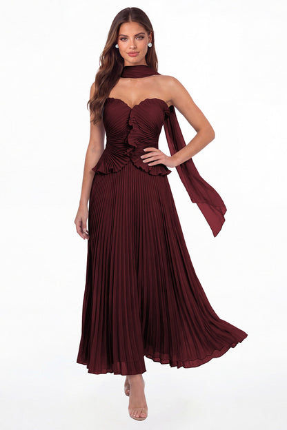 Burgundy Strapless Pleated Chiffon Ruffle Maxi Gown - Front View