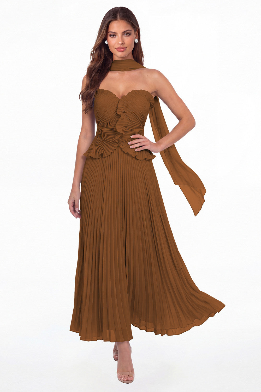 Burnt Orange Strapless Pleated Chiffon Ruffle Maxi Gown - Front View