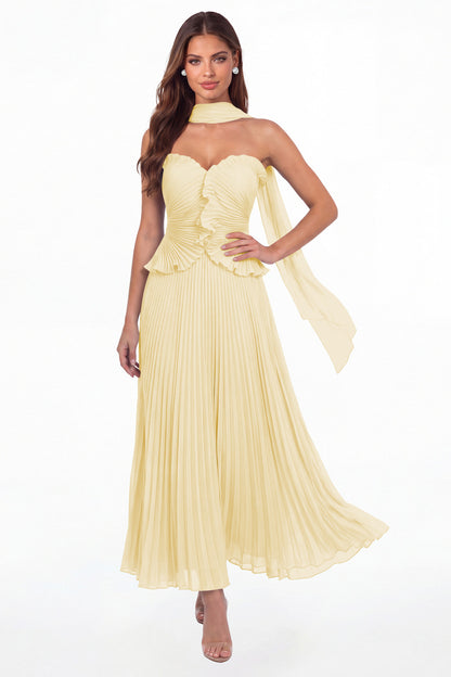 Butter Yellow Strapless Pleated Chiffon Ruffle Maxi Gown - Front View