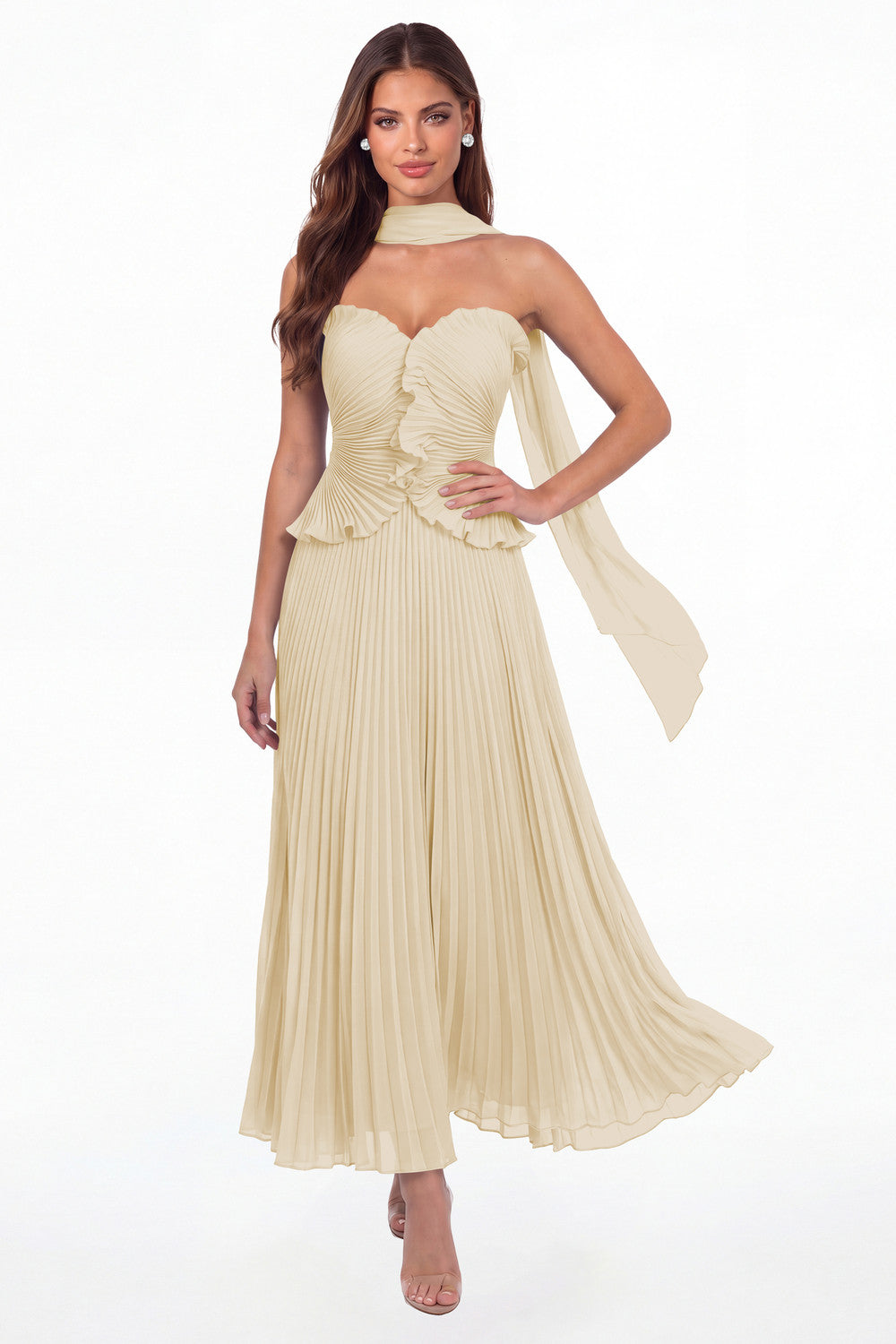 Champagne Strapless Pleated Chiffon Ruffle Maxi Gown - Front View