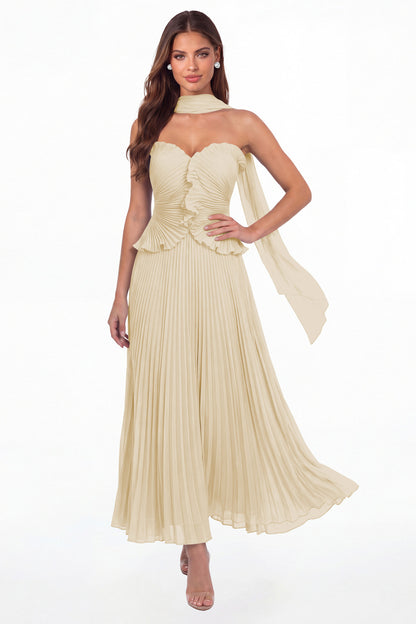 Champagne Strapless Pleated Chiffon Ruffle Maxi Gown - Front View