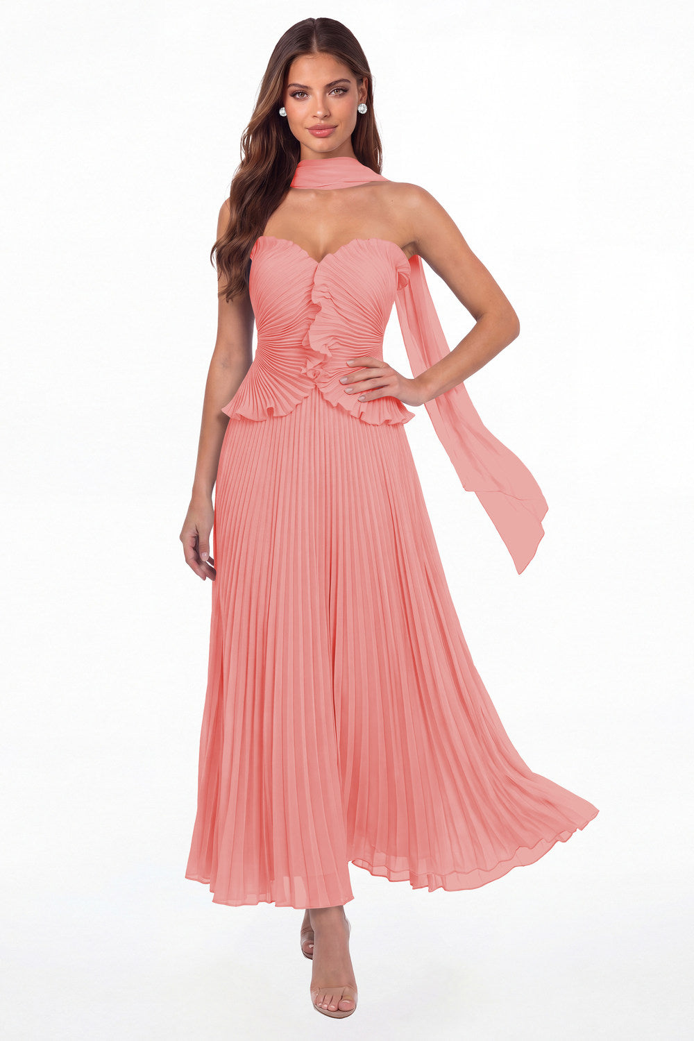 Coral Strapless Pleated Chiffon Ruffle Maxi Gown - Front View