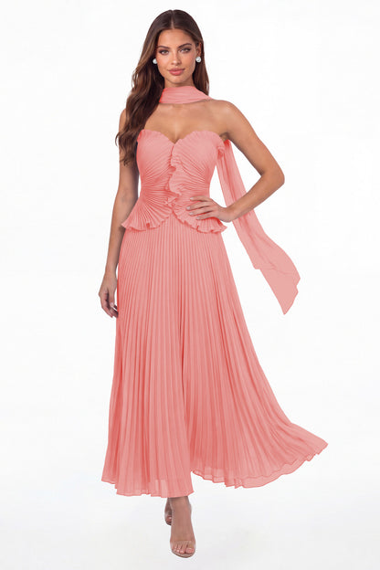 Coral Strapless Pleated Chiffon Ruffle Maxi Gown - Front View