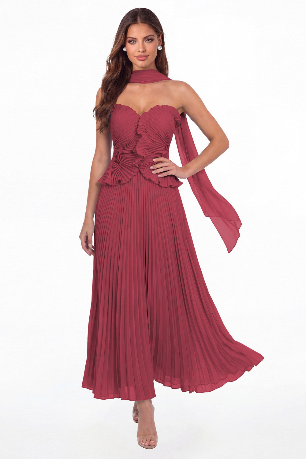 Desert Rose Strapless Pleated Chiffon Ruffle Maxi Gown - Front View