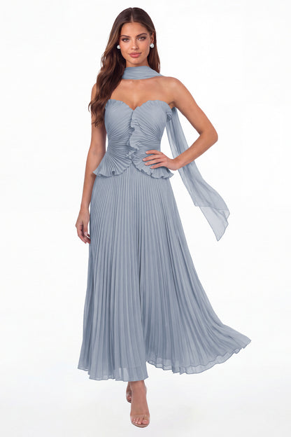 Dusty Blue Strapless Pleated Chiffon Ruffle Maxi Gown - Front View