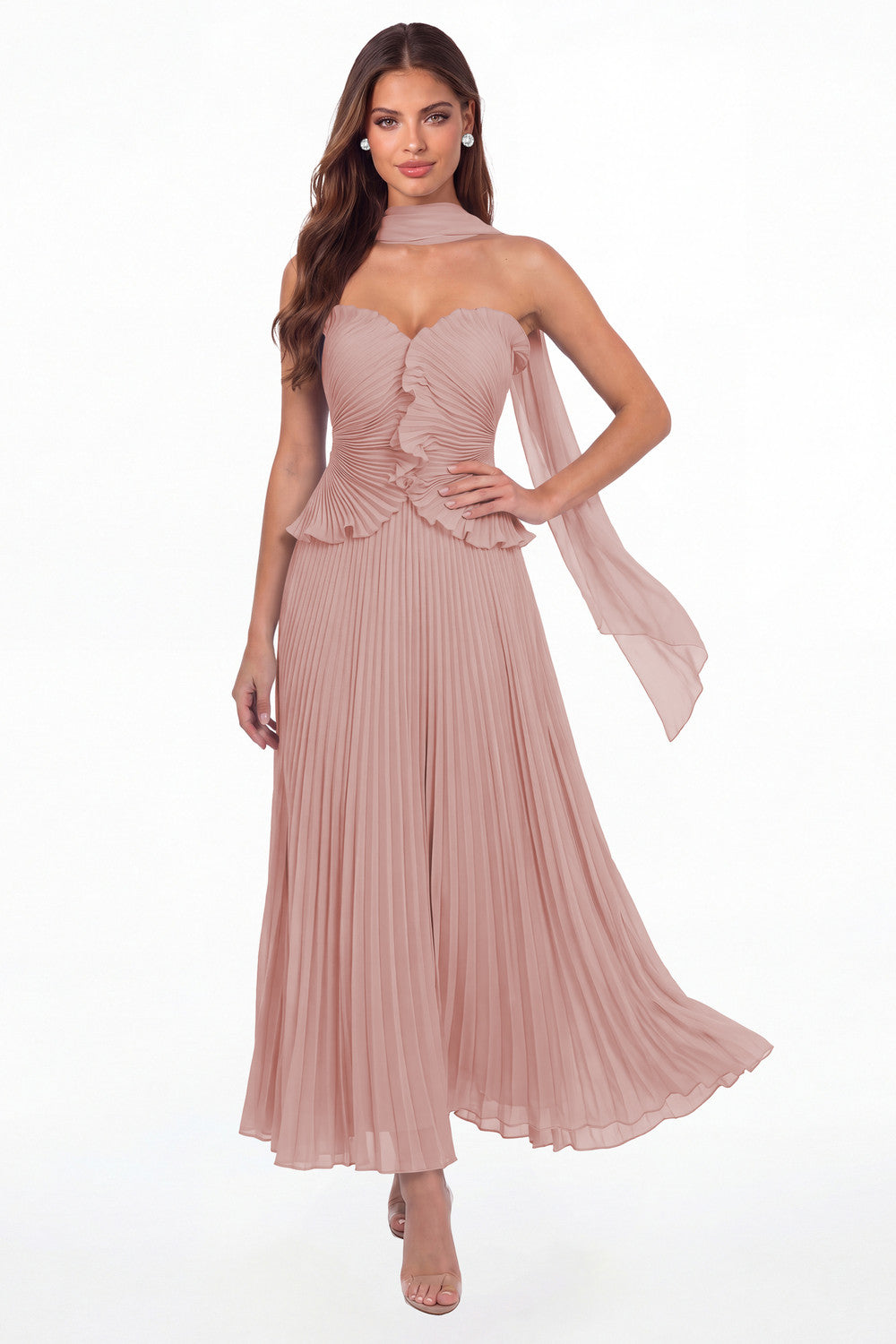 Dusty Rose Strapless Pleated Chiffon Ruffle Maxi Gown - Front View
