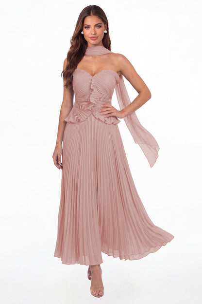 Dusty Rose Strapless Pleated Chiffon Ruffle Maxi Gown - Front View