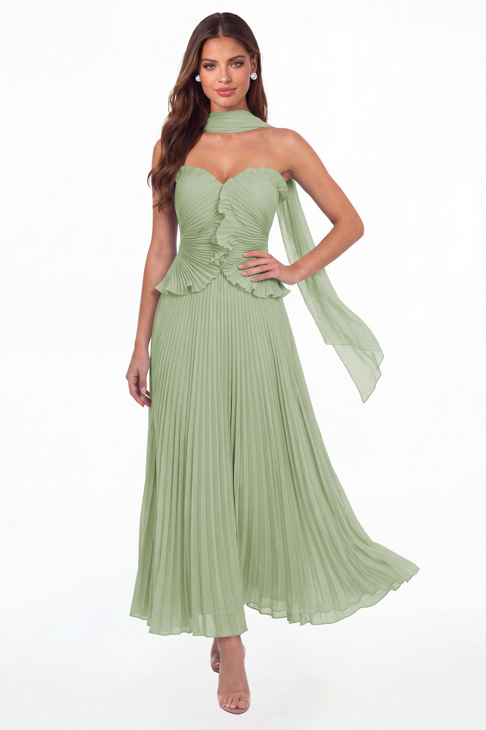 Dusty Sage Strapless Pleated Chiffon Ruffle Maxi Gown - Front View