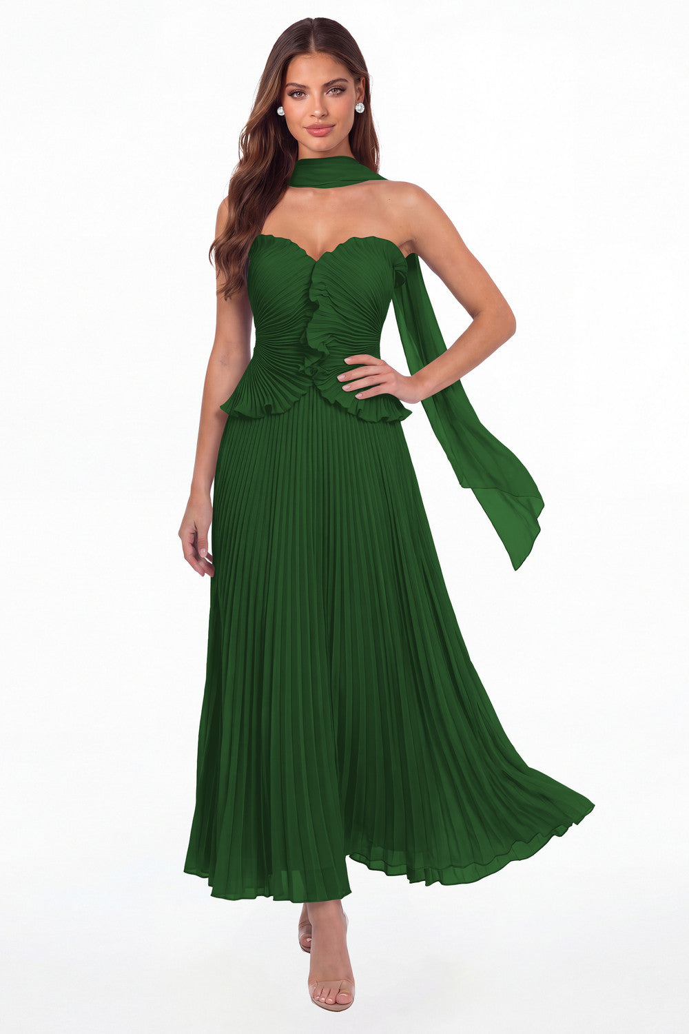 Emerald Green Strapless Pleated Chiffon Ruffle Maxi Gown - Front View