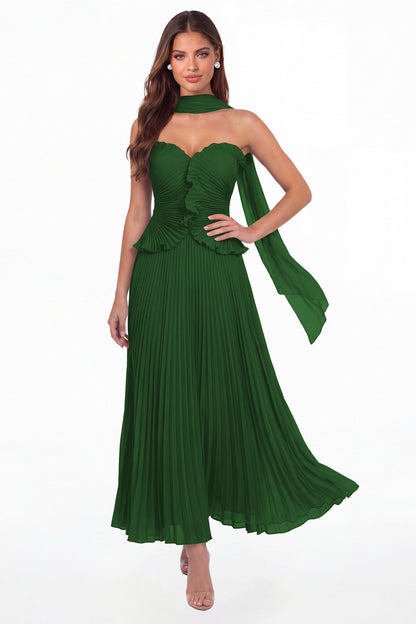 Emerald Green Strapless Pleated Chiffon Ruffle Maxi Gown - Front View