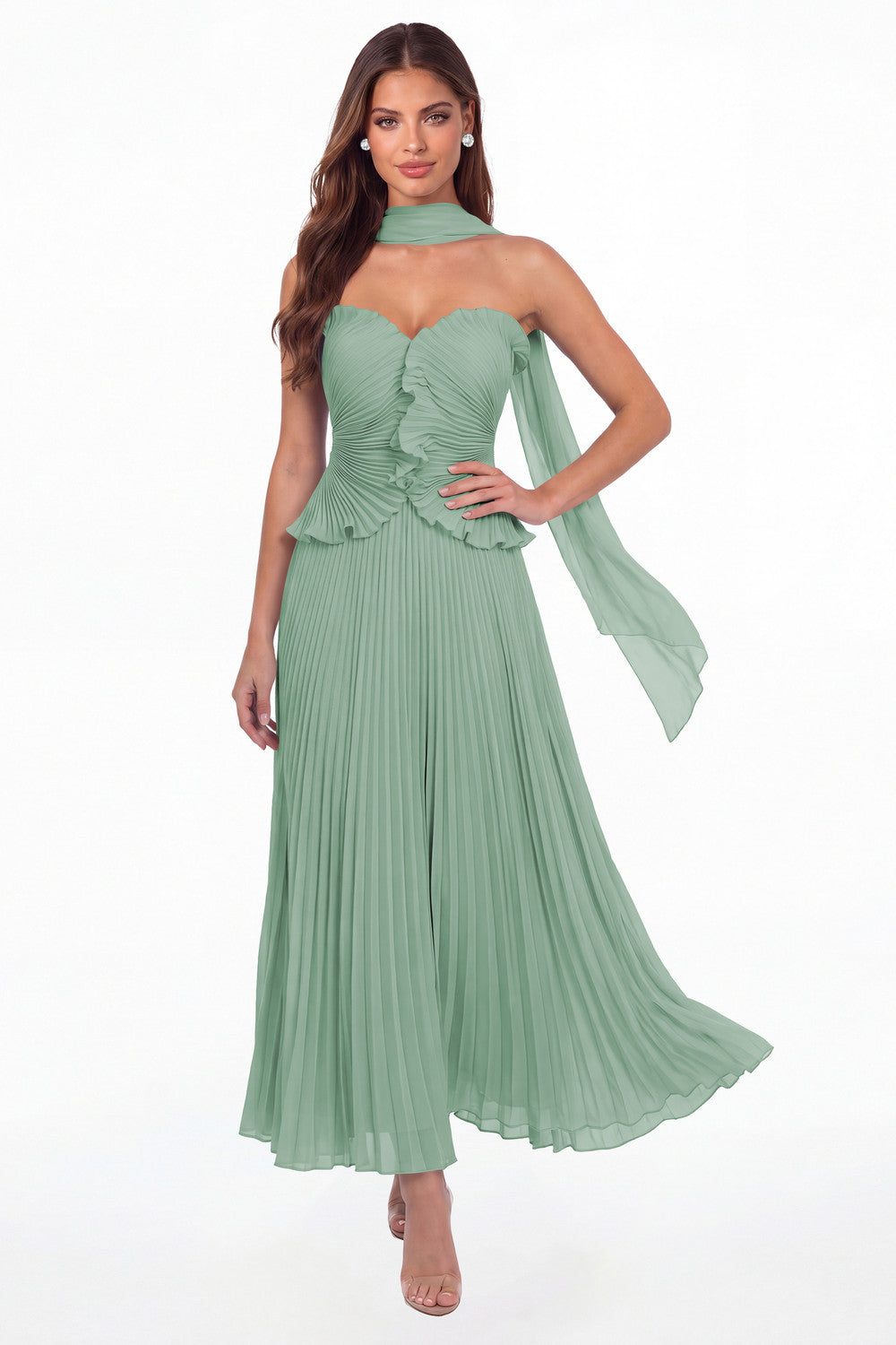 Eucalyptus Strapless Pleated Chiffon Ruffle Maxi Gown - Front View