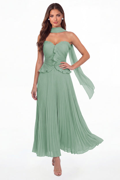Eucalyptus Strapless Pleated Chiffon Ruffle Maxi Gown - Front View