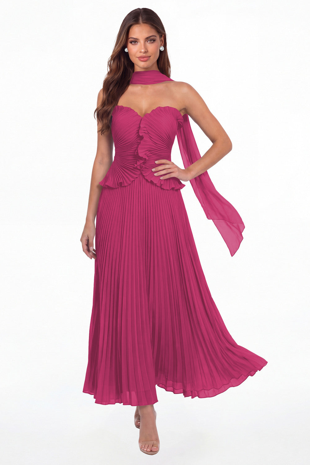 Fuchsia Strapless Pleated Chiffon Ruffle Maxi Gown - Front View