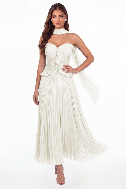 Ivory Strapless Pleated Chiffon Ruffle Maxi Gown - Front View