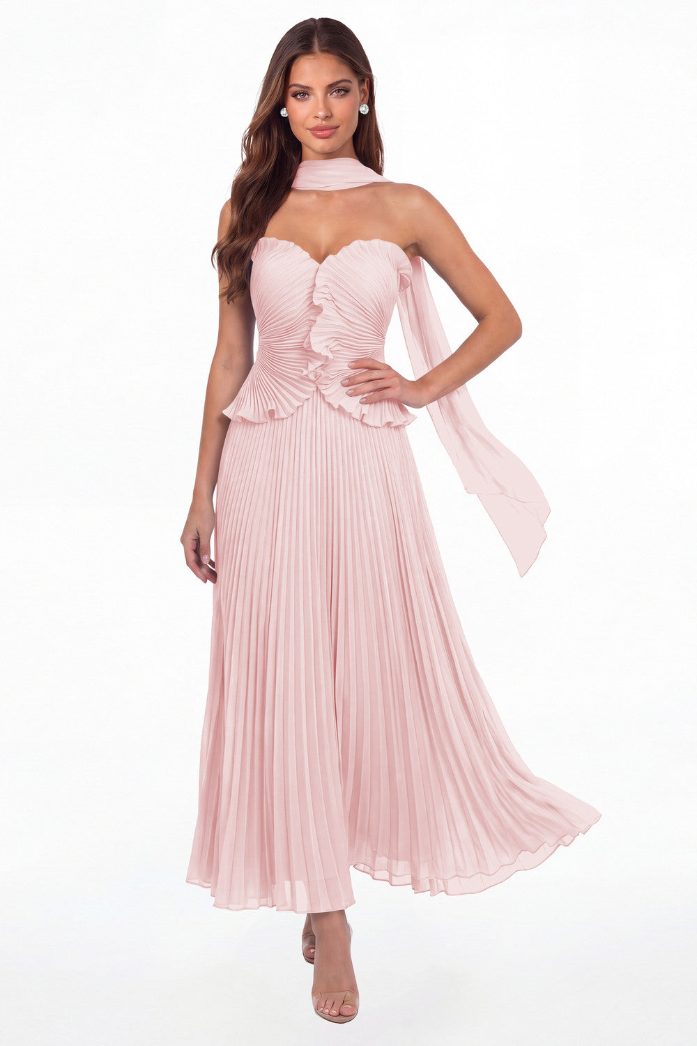 Light Pink Strapless Pleated Chiffon Ruffle Maxi Gown - Front View