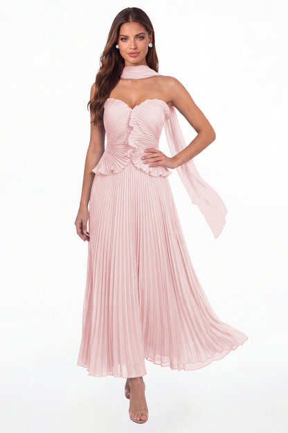 Light Pink Strapless Pleated Chiffon Ruffle Maxi Gown - Front View