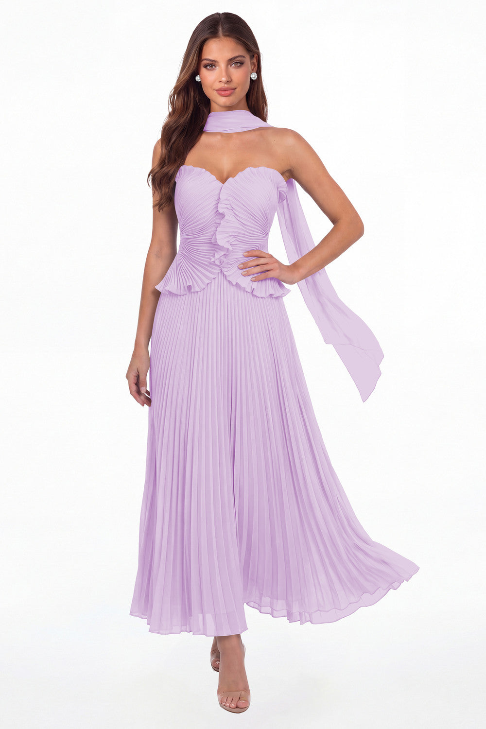 Lilac Strapless Pleated Chiffon Ruffle Maxi Gown - Front View
