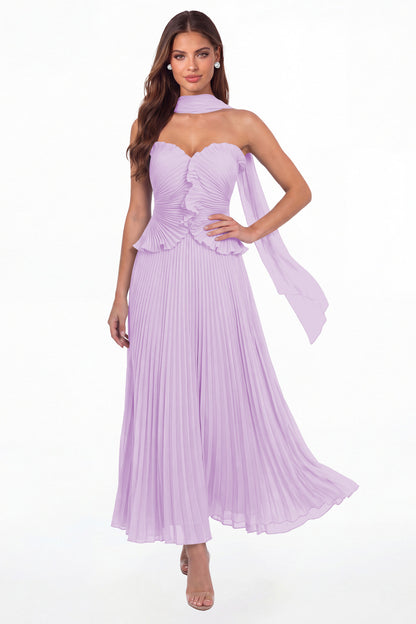 Lilac Strapless Pleated Chiffon Ruffle Maxi Gown - Front View