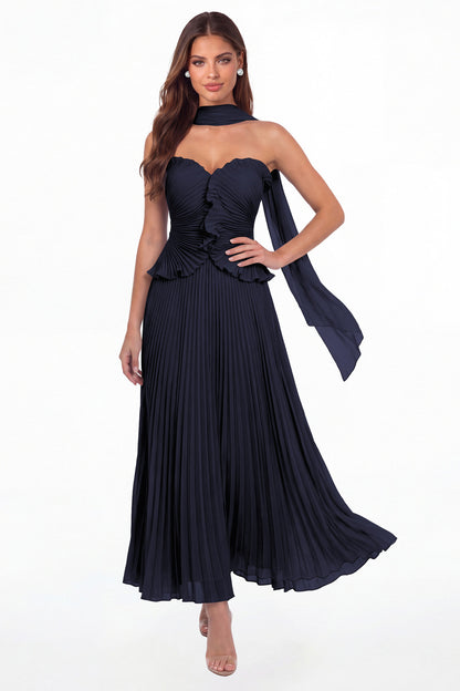 Navy Blue Strapless Pleated Chiffon Ruffle Maxi Gown - Front View