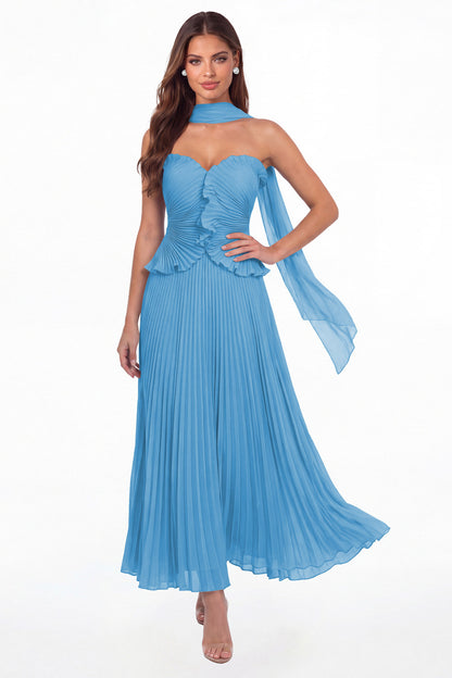 Ocean Blue Strapless Pleated Chiffon Ruffle Maxi Gown - Front View