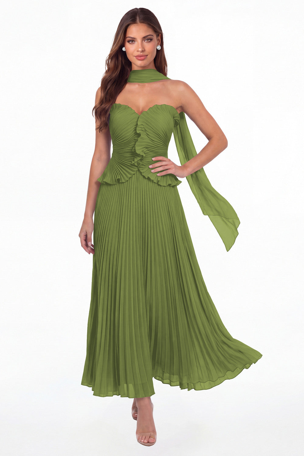 Olive Green Strapless Pleated Chiffon Ruffle Maxi Gown - Front View