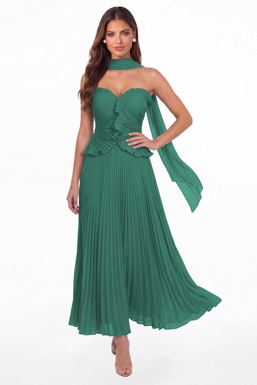 Peacock Strapless Pleated Chiffon Ruffle Maxi Gown - Front View