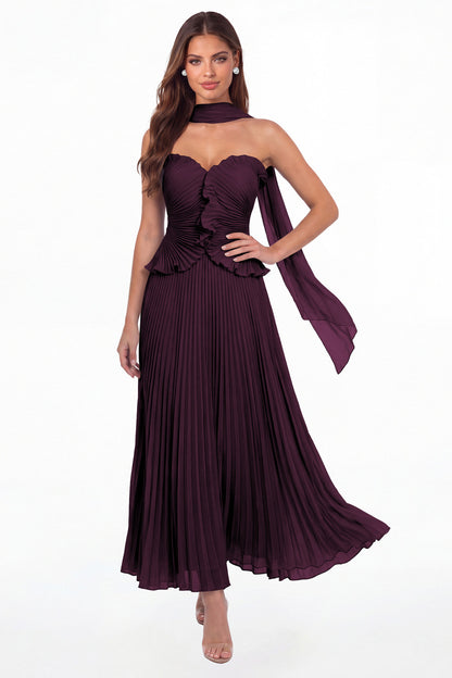 Plum Strapless Pleated Chiffon Ruffle Maxi Gown - Front View