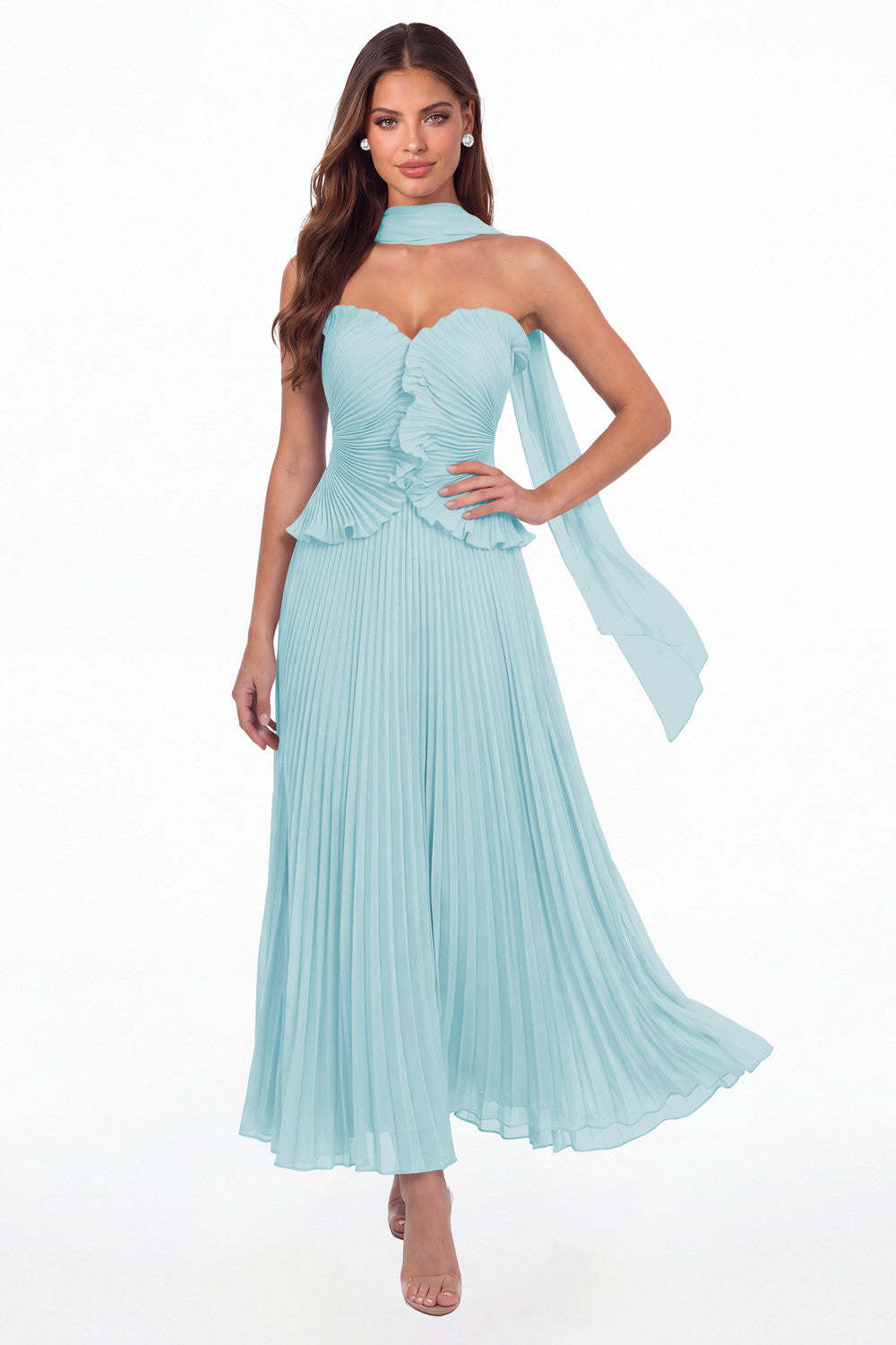 Powder Blue Strapless Pleated Chiffon Ruffle Maxi Gown - Front View