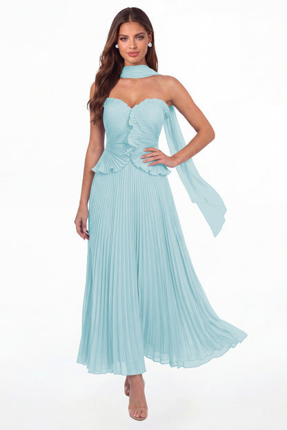 Powder Blue Strapless Pleated Chiffon Ruffle Maxi Gown - Front View