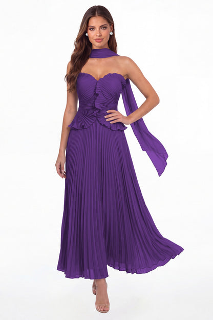 Purple Strapless Pleated Chiffon Ruffle Maxi Gown - Front View